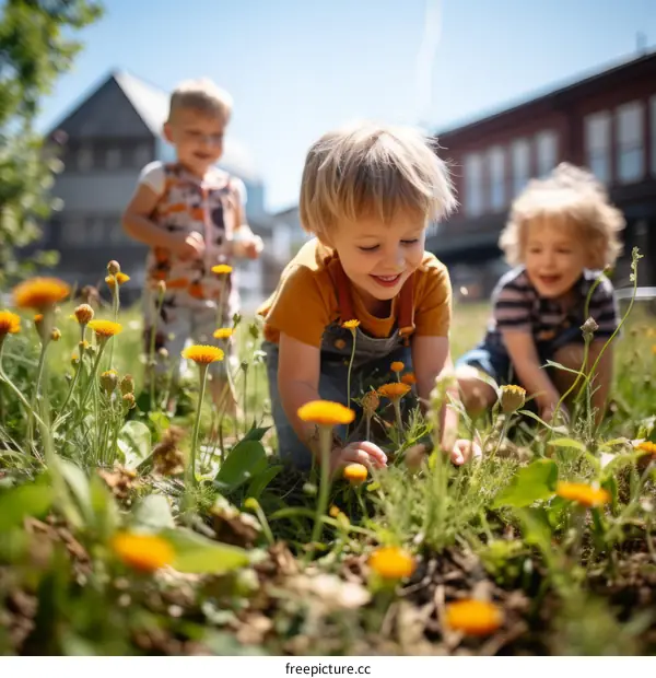 Three happy children playing in a field of flowers on a sunny day