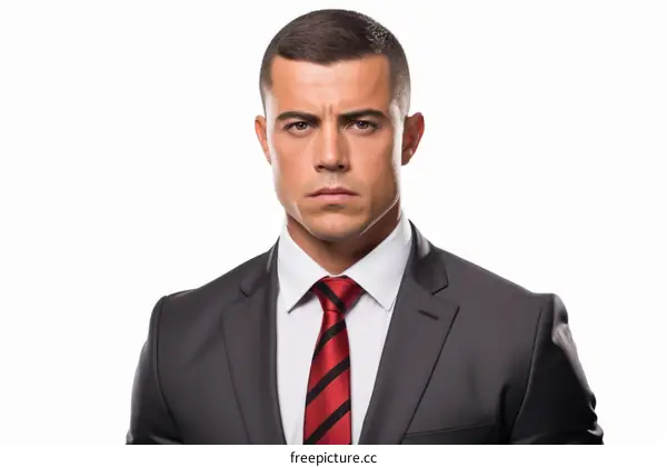 A man in a suit and tie with a serious expression on his face