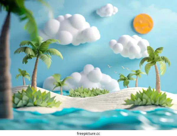 Cartoonish Tropical Island Scene Illustration