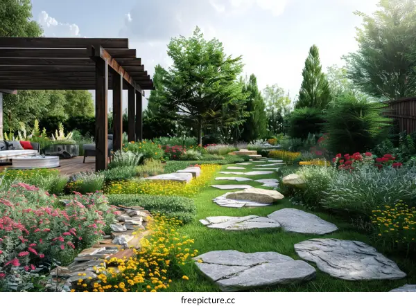 A stone path leads through a lush garden with blooming flowers and a wooden pergola