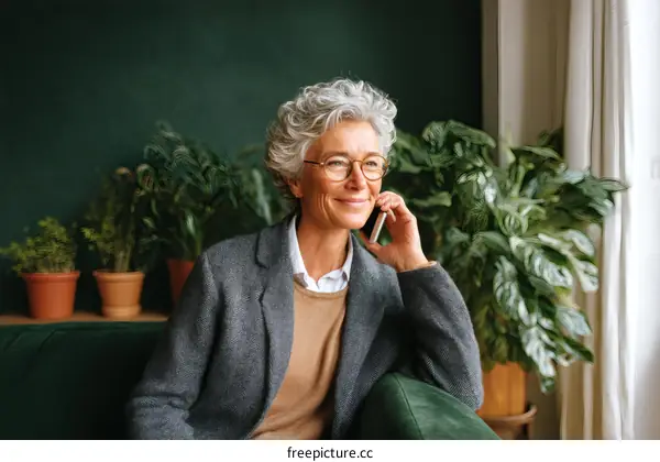 Elderly Caucasian Woman Talking on Phone in Living Room