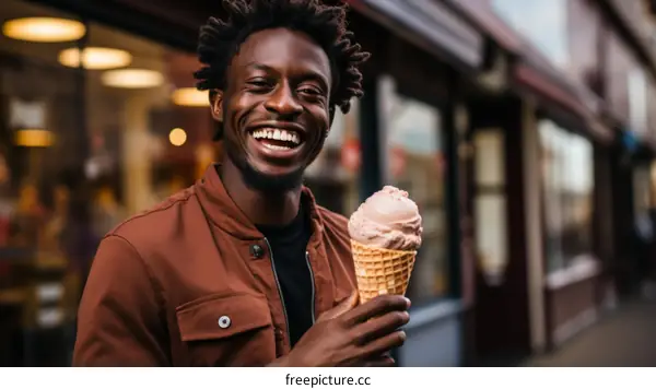 Black man smiling and holding an ice cream cone