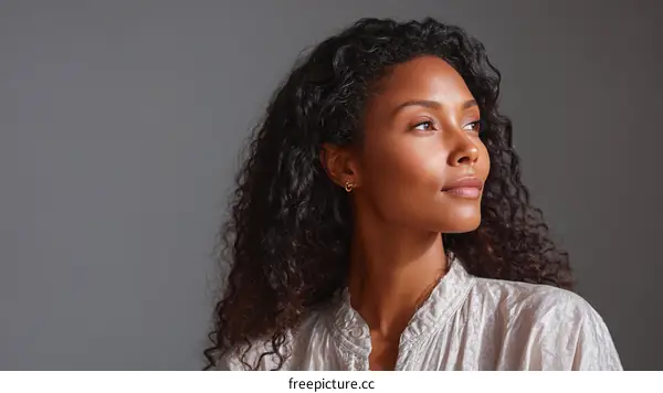 Thoughtful Woman Portrait with Curly Hair