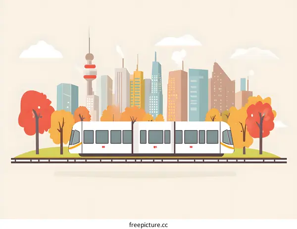 Modern Train Transportation with Autumn Trees and City Skyline