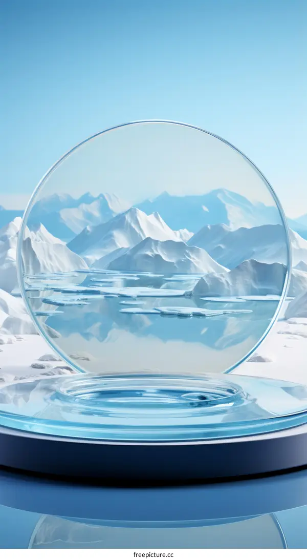 3D illustration of a clear glass ball on a blue podium with a snowy mountain landscape inside