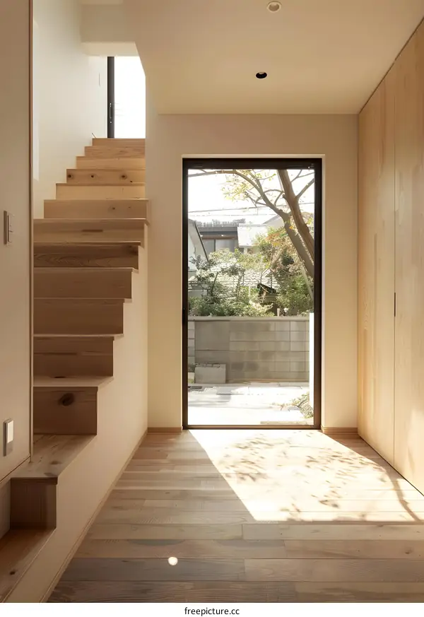 Modern Minimalist Wooden Staircase Interior Design with Natural Light