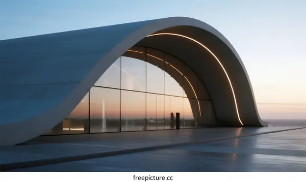 Modern Curved Architecture with Glass Facade at Sunset