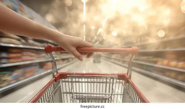 Motion blurred image of a person pushing a shopping cart in a grocery store
