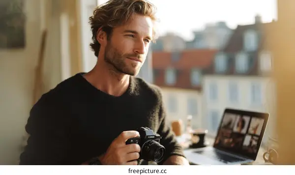 Photographer with Camera and Laptop at a Window