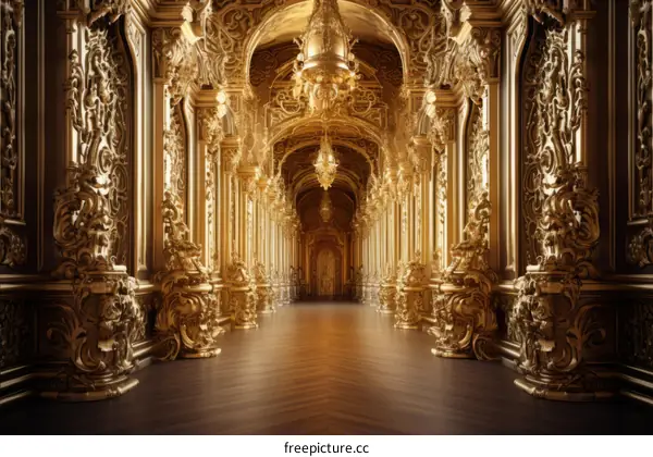 Ornate Golden Hallway with Columns and Statues