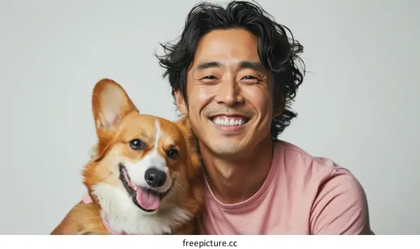 Asian man smiling with his corgi dog