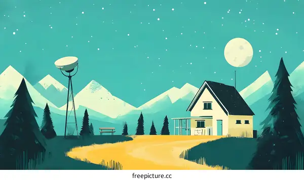 Night Sky Over Mountain Landscape With House and Satellite Dish