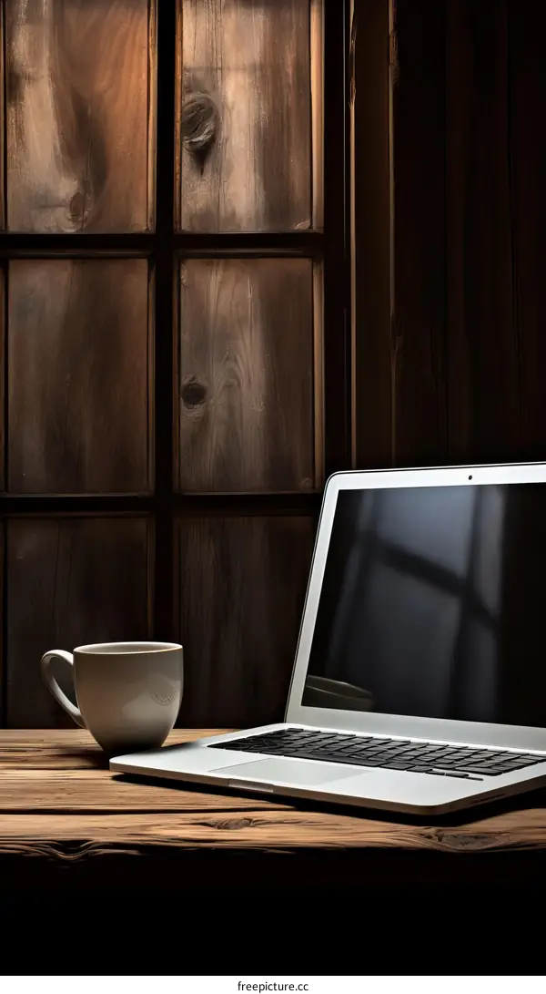 Wooden Desk with Laptop and Coffee Mug