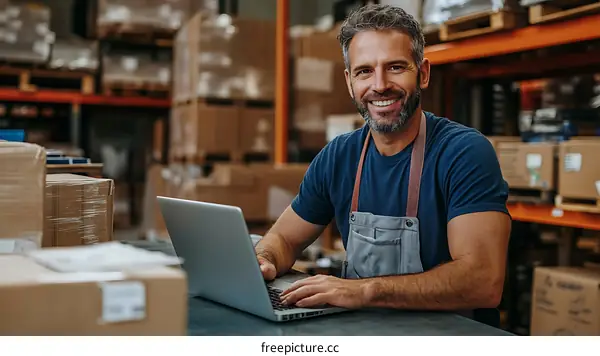 Warehouse worker using laptop, Smiling worker,Warehouse staff on duty