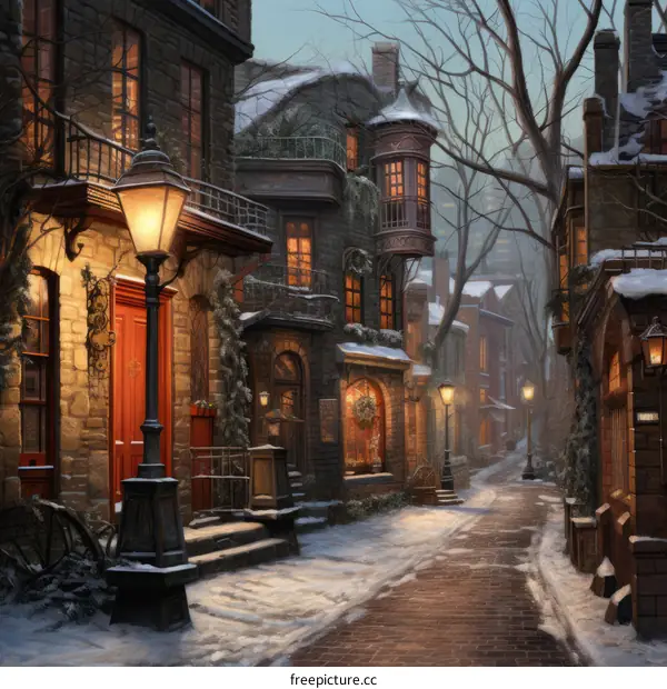 A Snowy Victorian Street at Night