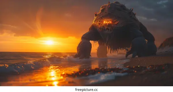 A giant monster is walking on the beach