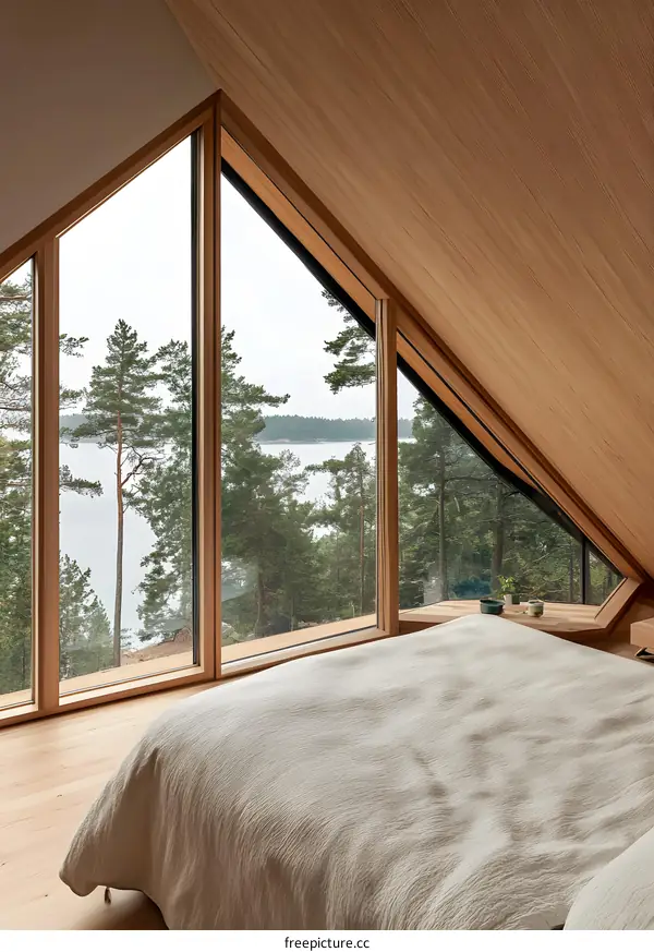 Modern Cabin With Triangular Window and View of Forest and Lake