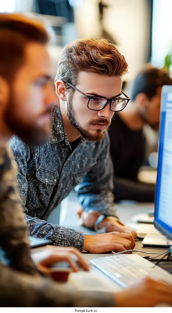 Two Caucasian Men Working Together on Computers