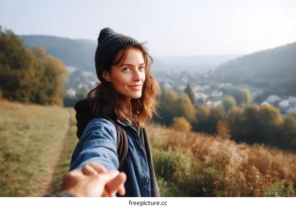 Woman Hiking in Scenic Autumn Landscape