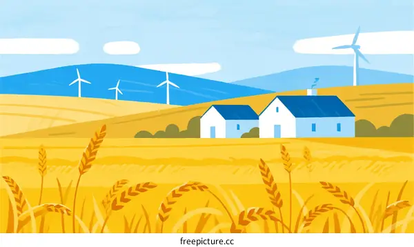 A peaceful rural scene with wheat fields and wind turbines