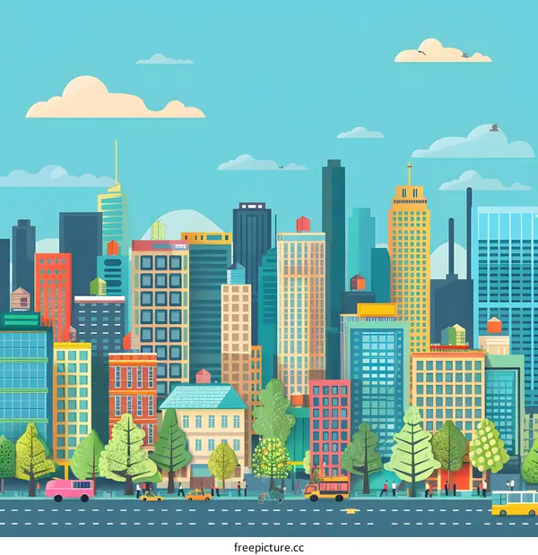 Colorful Cityscape with People Walking on the Street