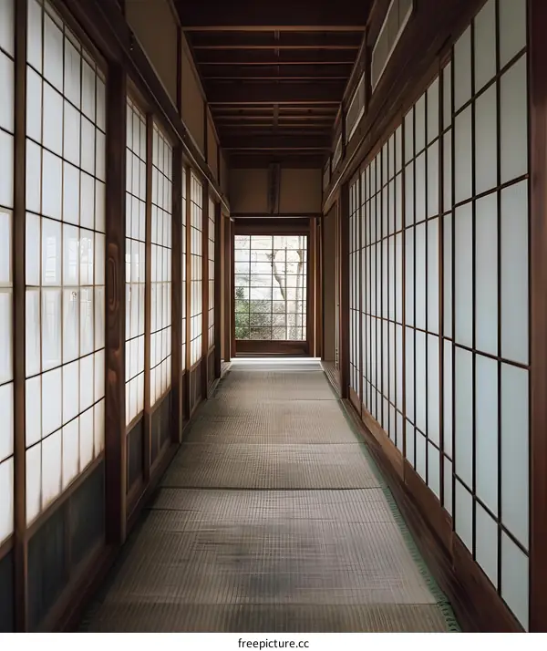 Japanese Traditional Wooden Corridor with Tatami Mat Floor