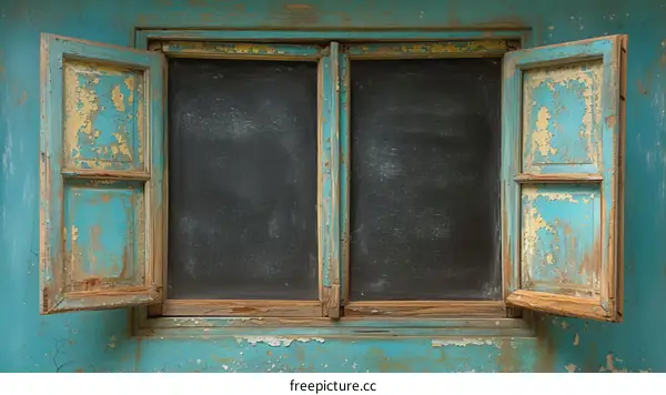 Blue wooden window shutters open against a blue wall