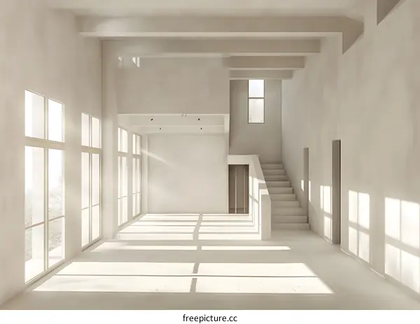 Empty Room With Large Windows And Staircase