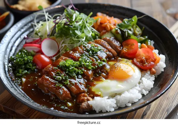 Delicious Japanese Food Plate With Fried Egg And Meat