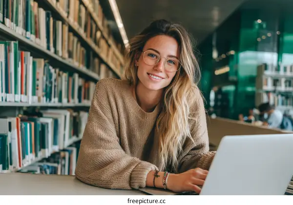 Smiling Woman in Library Studying on Laptop