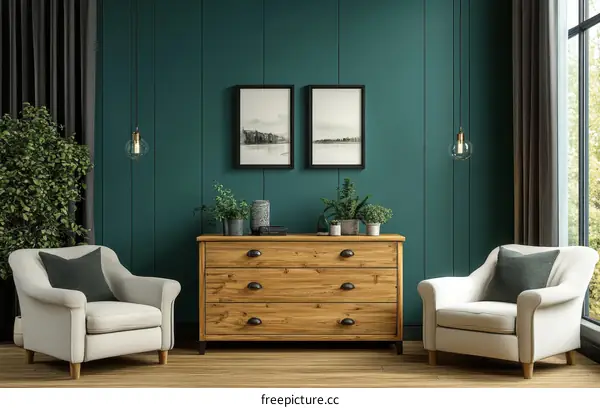 Rustic Living Room Interior Design with Teal Walls