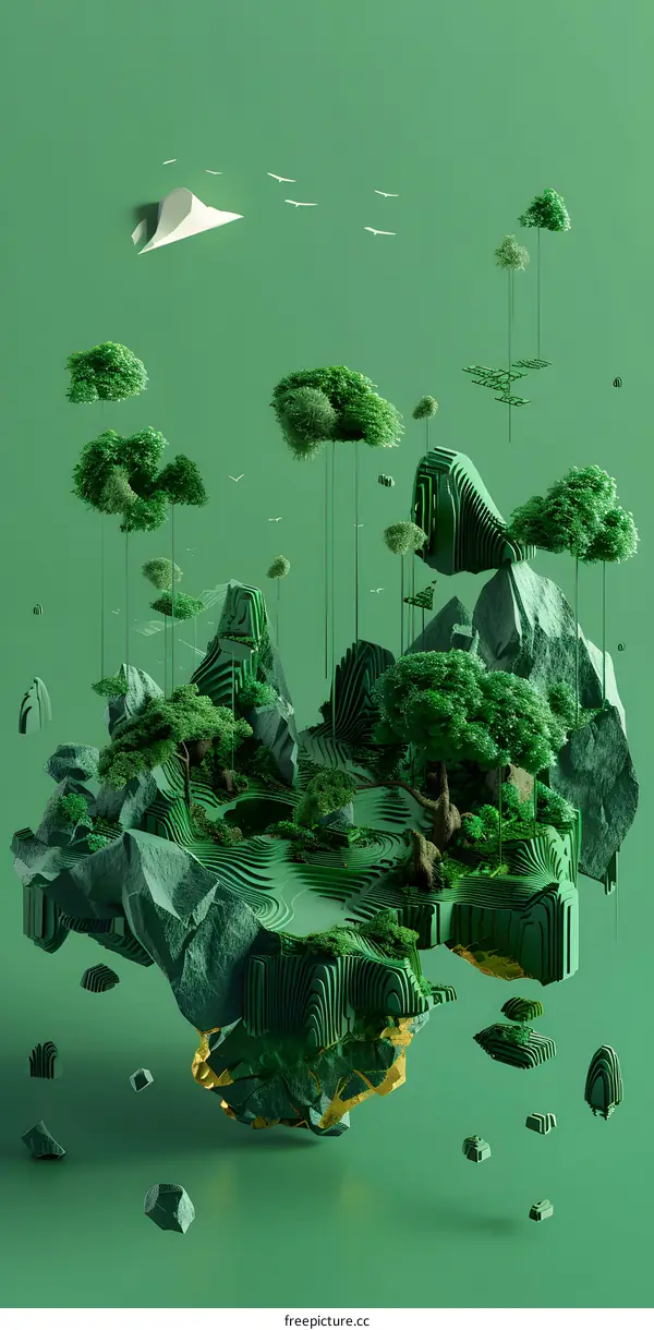 Abstract Green Landscape With Floating Islands