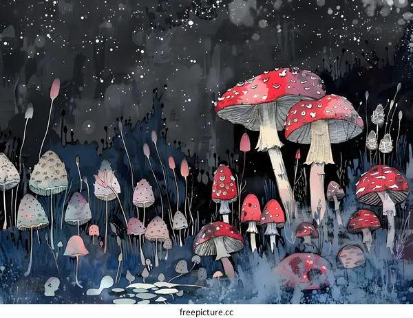 Watercolor Illustration Of Red Mushrooms In The Forest