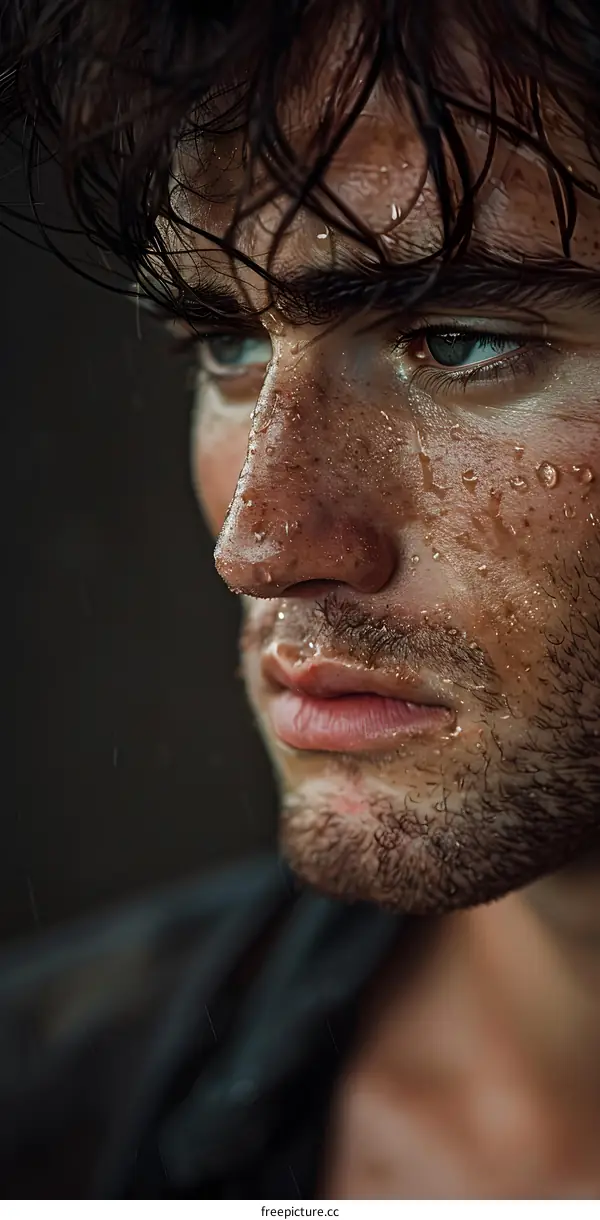 Portrait of a young male model with water on his face