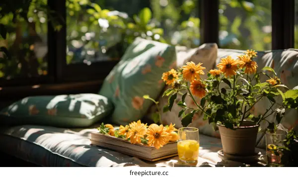 Cozy Living Space with Comfortable Sofa, Plant, and Orange Juice