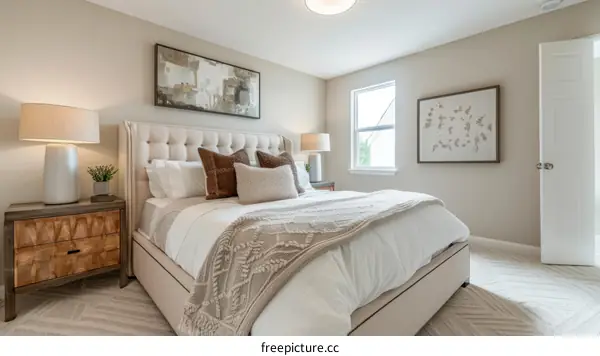 A cozy and inviting master bedroom with neutral colors and a large bed