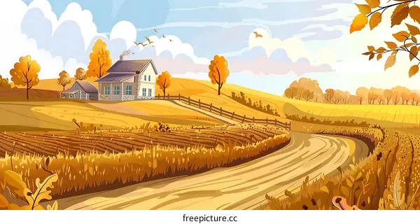 Autumn Landscape with House on Hill and Winding Road