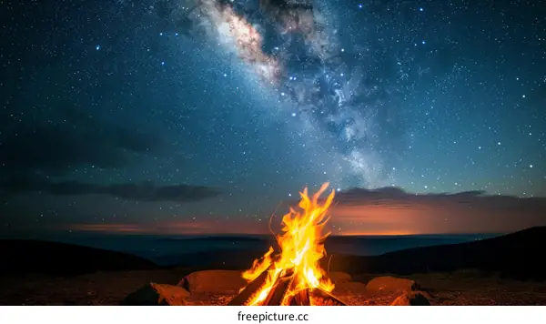 Campfire Under a Starry Night Sky with the Milky Way