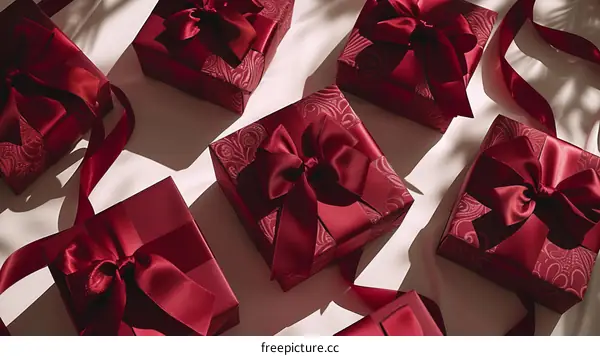 Several wrapped presents with red ribbon on a white surface