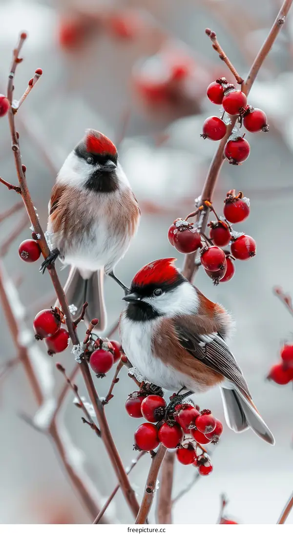 Two Birds on a Snowy Branch Eating Bright Red Berries