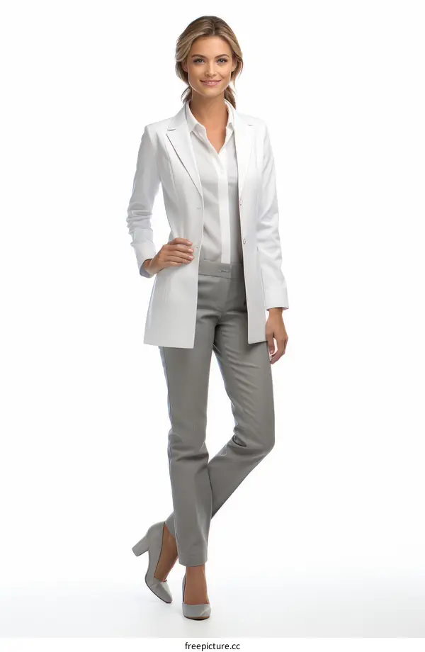 Confident female doctor in white coat and grey pants