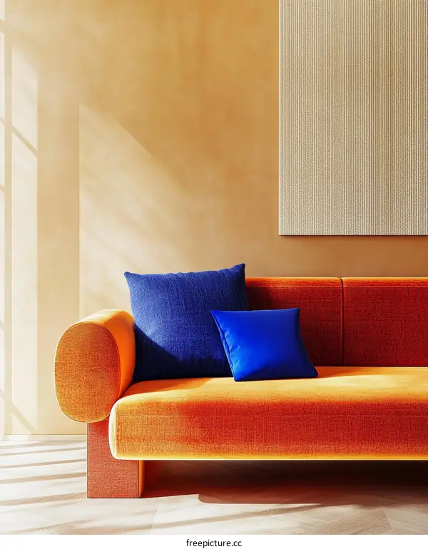 Modern Orange Sofa with Blue Pillows