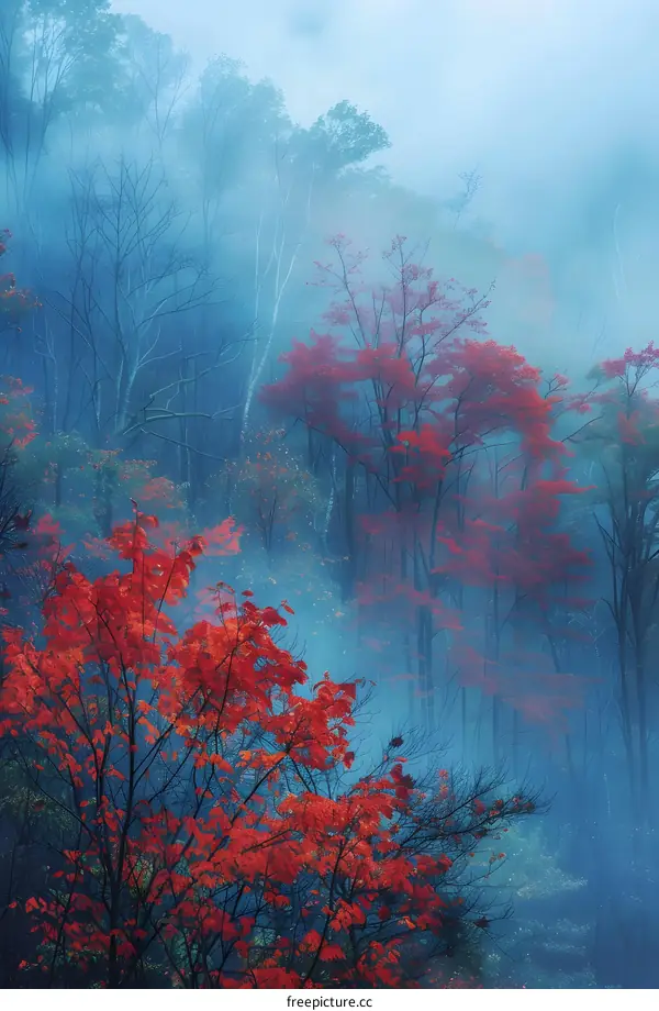 Misty Forest with Red Leaves