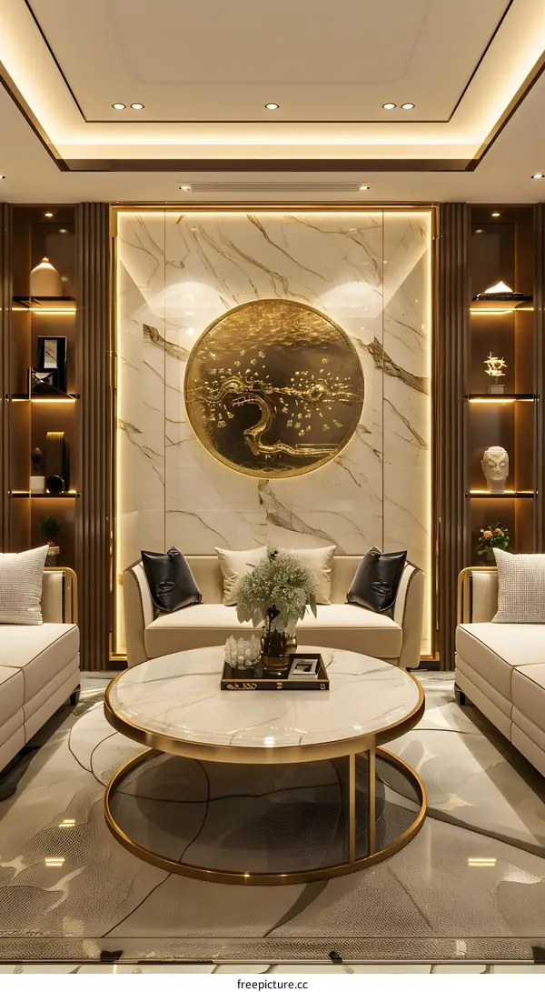 3D rendering of a modern living room interior with marble walls and gold accents
