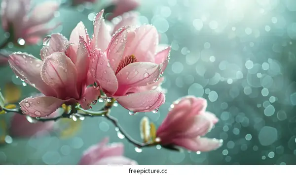 Raindrops on pink magnolia flowers
