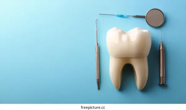 Dental tools and a tooth model on a light blue background