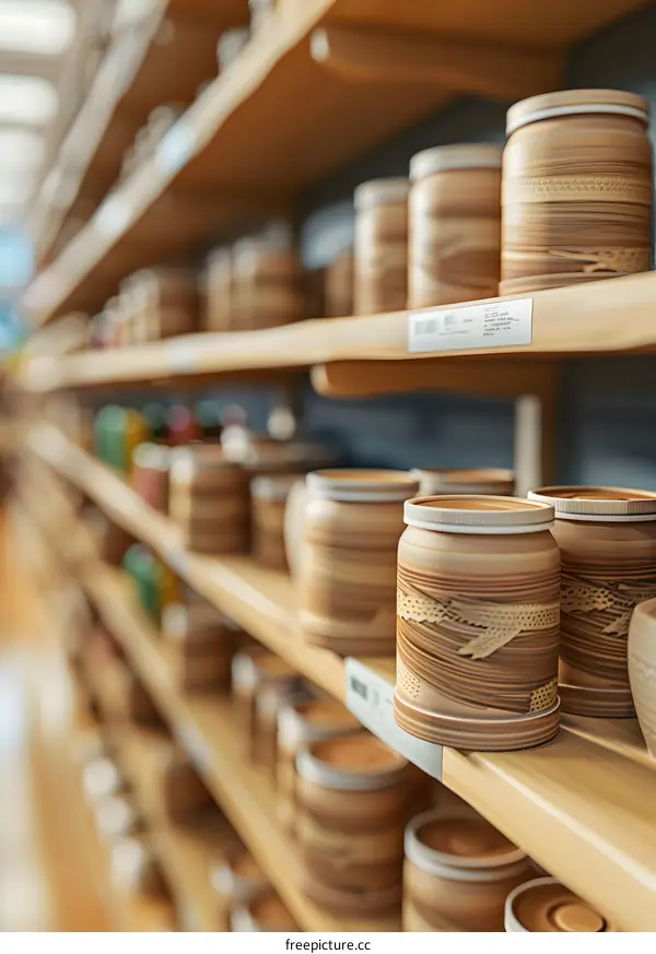Wooden Jars on Shelves in a Grocery Store
