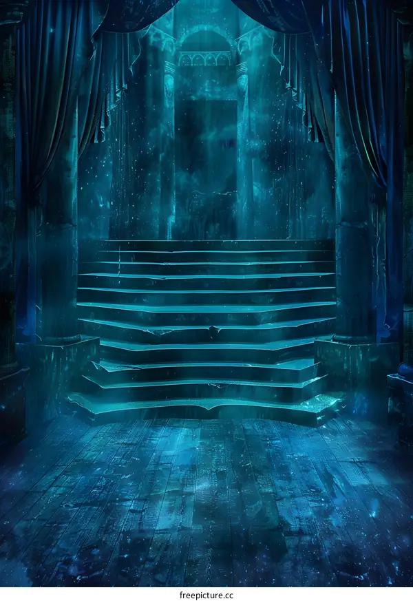 Blue Glowing Magical Stairway with Curtains in a Mystical Palace
