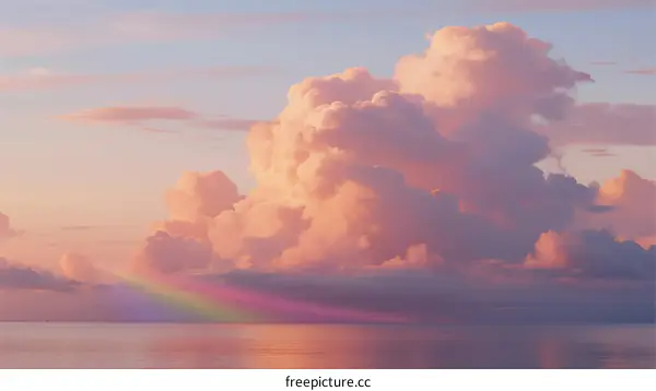 Beautiful Pink Clouds Over Calm Ocean with Rainbow Light