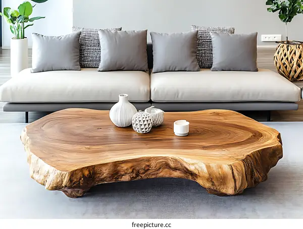 Modern Living Room with Unique Wooden Coffee Table